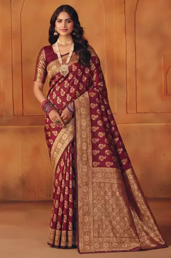 Maroon silk blend banarasi saree with unstitched blouse piece
