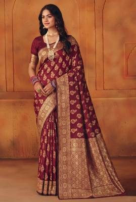 Maroon silk blend banarasi saree with unstitched blouse piece 3