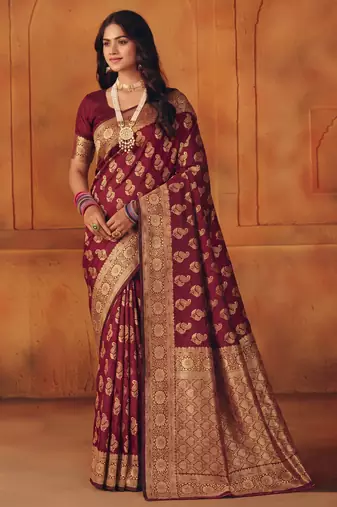 Maroon silk blend banarasi saree with unstitched blouse piece