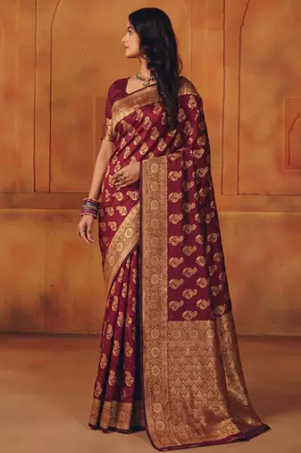 Maroon silk blend banarasi saree with unstitched blouse piece