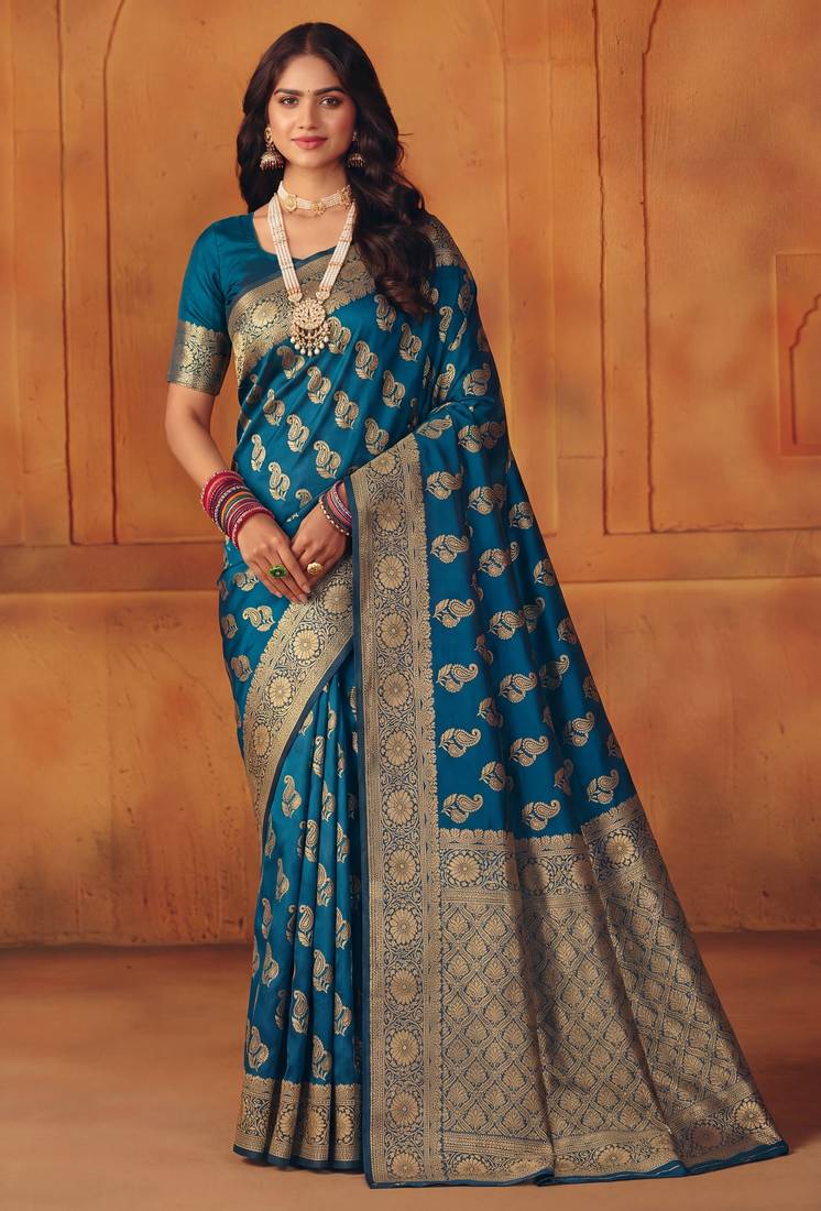 Morpich soft silk blend banarasi jacuard work designer party wear saree with unstitched blouse piece