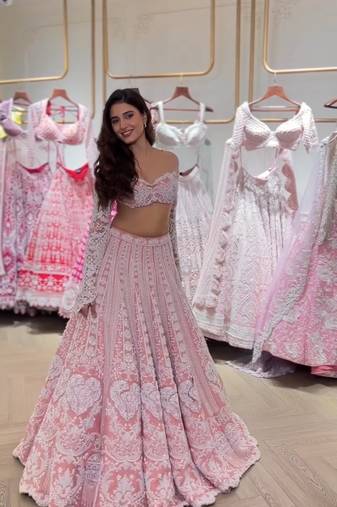 Blush Pink Slub Silk Lehenga Choli with Resham Dori & Rainbow Sequins Work