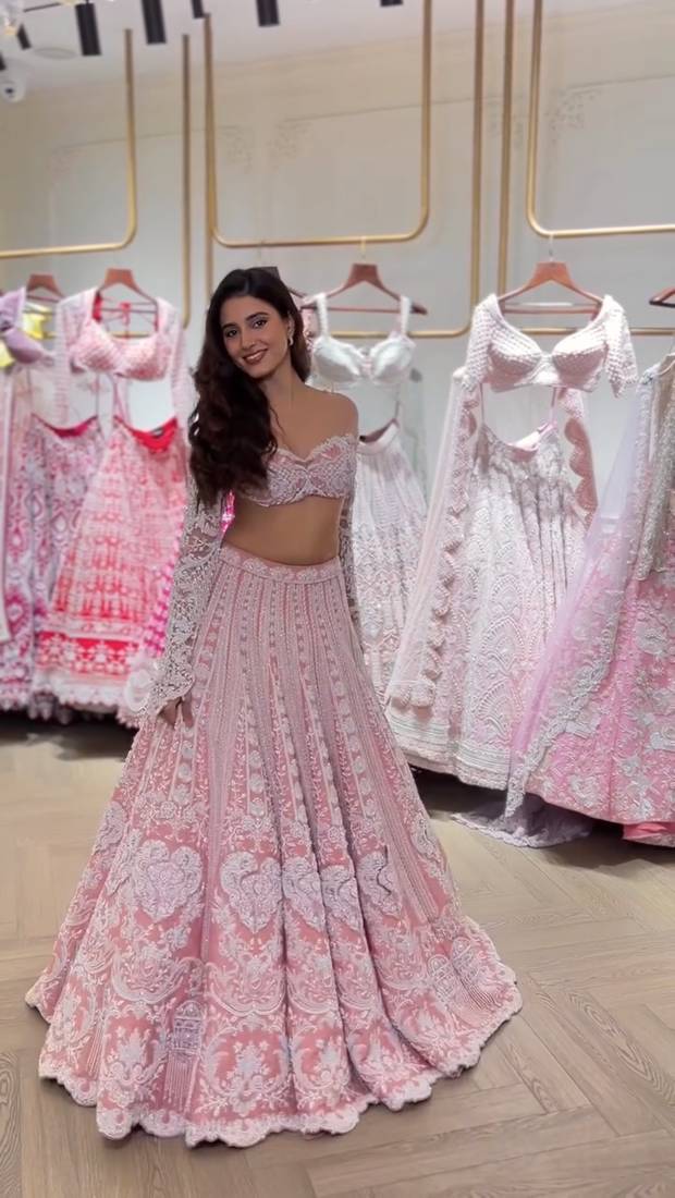 Blush Pink Slub Silk Lehenga Choli with Resham Dori & Rainbow Sequins Work