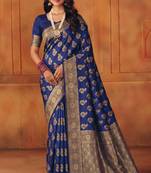 Navy blue silk blend banarasi saree with unstitched blouse piece