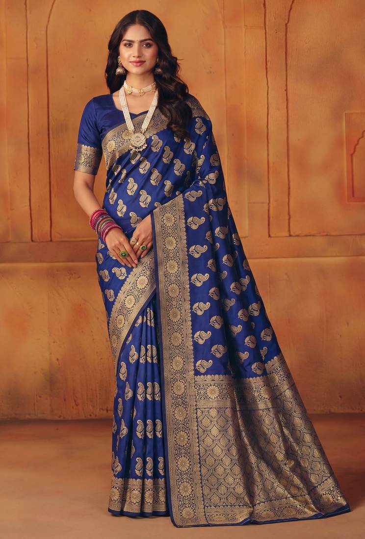 Navy blue silk blend banarasi saree with unstitched blouse piece