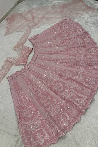 Blush Pink Slub Silk Lehenga Choli with Resham Dori & Rainbow Sequins Work