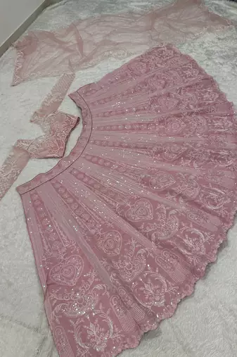 Blush Pink Slub Silk Lehenga Choli with Resham Dori & Rainbow Sequins Work