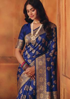 Navy blue silk blend banarasi saree with unstitched blouse piece 2