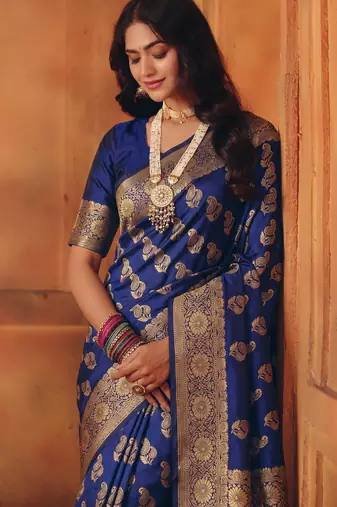 Navy blue silk blend banarasi saree with unstitched blouse piece