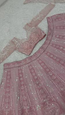 Blush Pink Slub Silk Lehenga Choli with Resham Dori & Rainbow Sequins Work 3