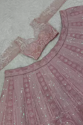 Blush Pink Slub Silk Lehenga Choli with Resham Dori & Rainbow Sequins Work