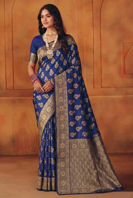 Navy blue silk blend banarasi saree with unstitched blouse piece 3