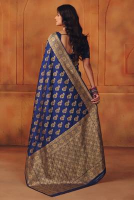 Navy blue silk blend banarasi saree with unstitched blouse piece 4