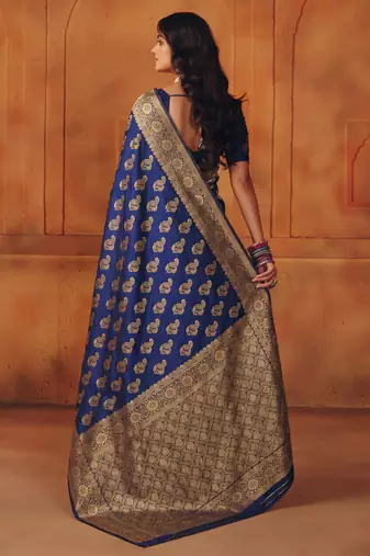 Navy blue silk blend banarasi saree with unstitched blouse piece
