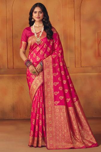 Pink silk blend banarasi saree with unstitched blouse piece