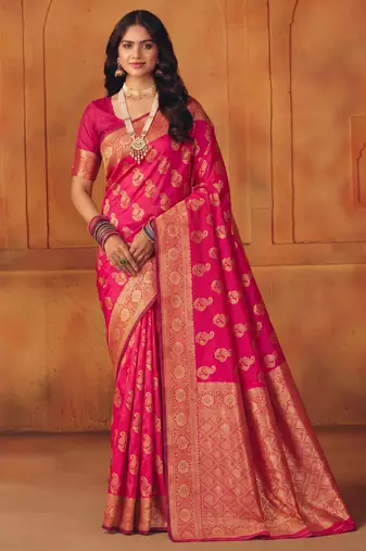 Pink silk blend banarasi saree with unstitched blouse piece