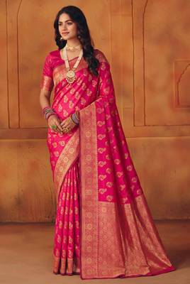 Pink silk blend banarasi saree with unstitched blouse piece 3
