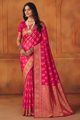Pink silk blend banarasi saree with unstitched blouse piece