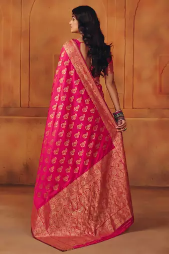 Pink silk blend banarasi saree with unstitched blouse piece