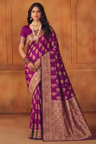 Purple silk blend banarasi saree with unstitched blouse piece