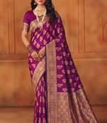 Purple soft silk blend banarasi jacuard work designer party wear saree with unstitched blouse piece