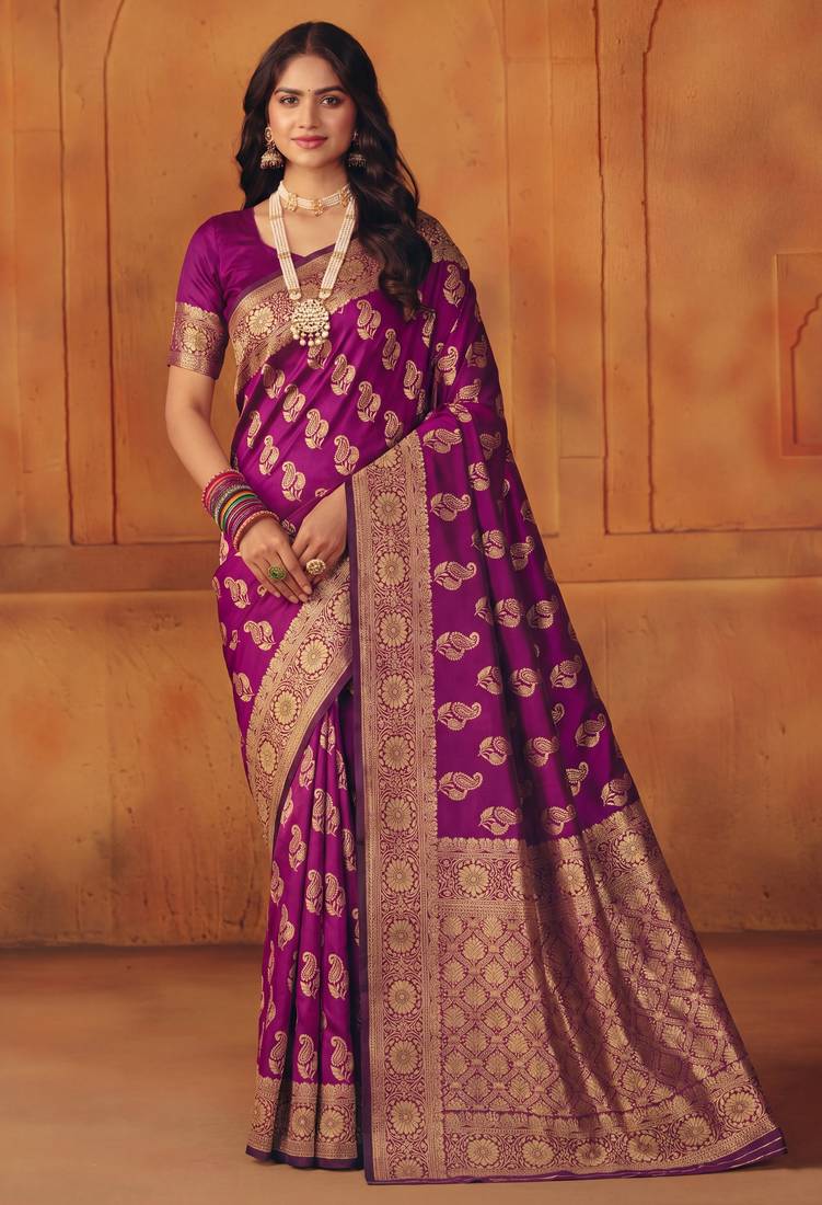 Purple soft silk blend banarasi jacuard work designer party wear saree with unstitched blouse piece