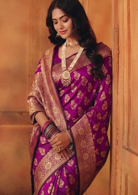 Purple silk blend banarasi saree with unstitched blouse piece 2