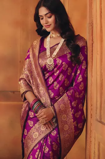 Purple silk blend banarasi saree with unstitched blouse piece