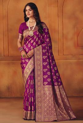 Purple silk blend banarasi saree with unstitched blouse piece 3