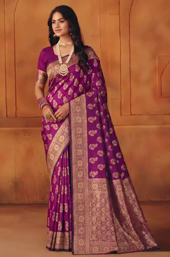 Purple silk blend banarasi saree with unstitched blouse piece