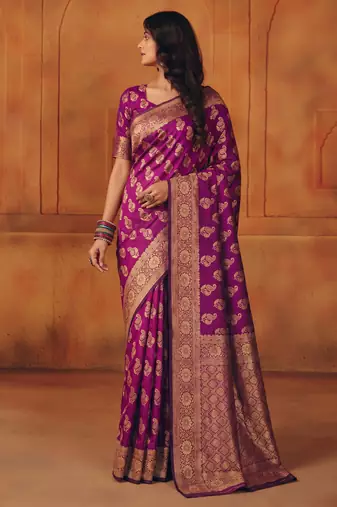Purple silk blend banarasi saree with unstitched blouse piece