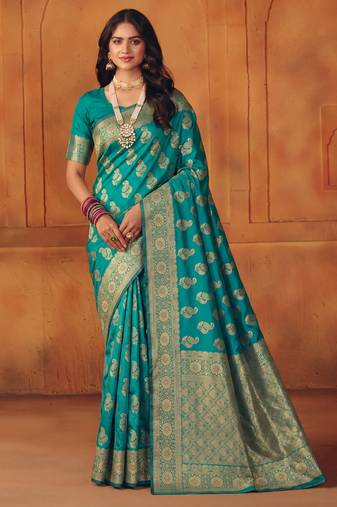 Rama silk blend banarasi saree with unstitched blouse piece