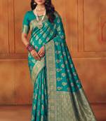 Rama silk blend banarasi saree with unstitched blouse piece