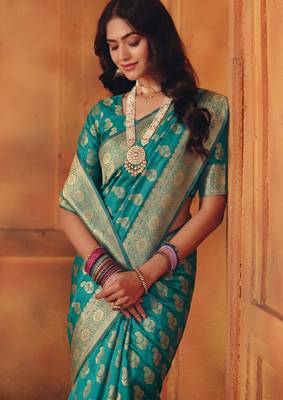 Rama silk blend banarasi saree with unstitched blouse piece 2