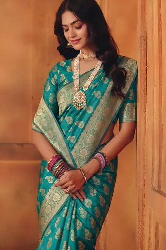 Rama silk blend banarasi saree with unstitched blouse piece