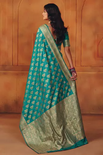 Rama silk blend banarasi saree with unstitched blouse piece