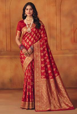 Red silk blend banarasi saree with unstitched blouse piece 1