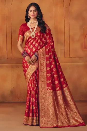 Red silk blend banarasi saree with unstitched blouse piece