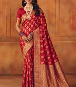 Red silk blend banarasi saree with unstitched blouse piece