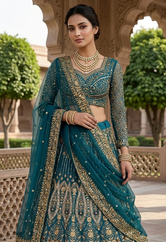 GREEN BUTTERFLY NET PARTY WEAR EMBROIDERY LEHNGHA CHOLI 
