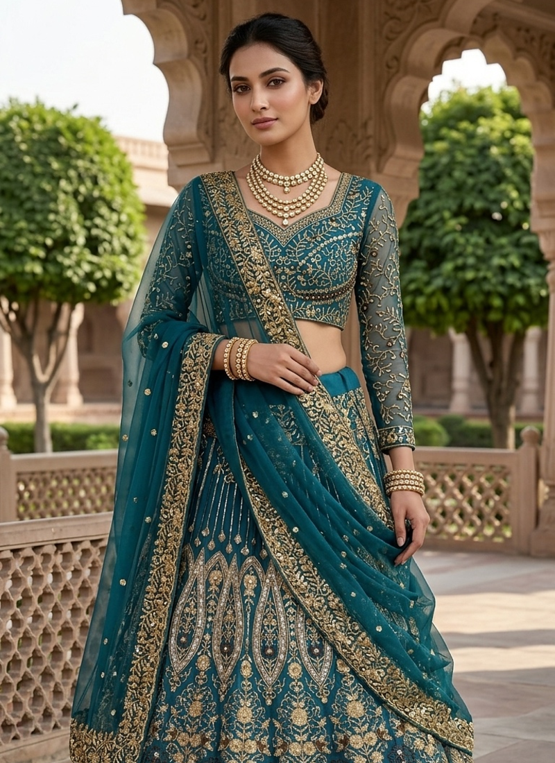 GREEN BUTTERFLY NET PARTY WEAR EMBROIDERY LEHNGHA CHOLI 