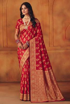 Red silk blend banarasi saree with unstitched blouse piece 3
