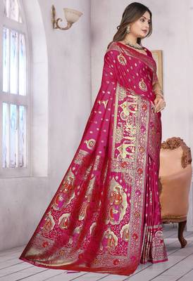  Rani Pink Banarasi Satin silk blend Saree with Heavy Zari & Thread Work | Wedding & Festive Wear 1