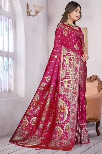  Rani Pink Banarasi Satin silk blend Saree with Heavy Zari & Thread Work | Wedding & Festive Wear