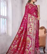  Rani Pink Banarasi Satin silk blend Saree with Heavy Zari & Thread Work | Wedding & Festive Wear