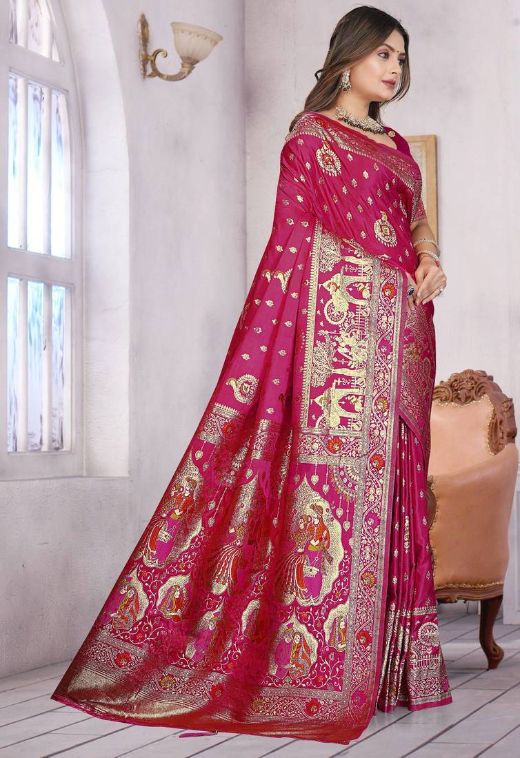  Rani Pink Banarasi Satin silk blend Saree with Heavy Zari & Thread Work | Wedding & Festive Wear
