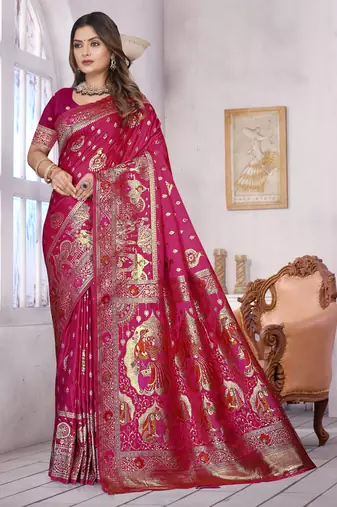  Rani Pink Banarasi Satin silk blend Saree with Heavy Zari & Thread Work | Wedding & Festive Wear
