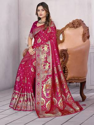  Rani Pink Banarasi Satin silk blend Saree with Heavy Zari & Thread Work | Wedding & Festive Wear 3