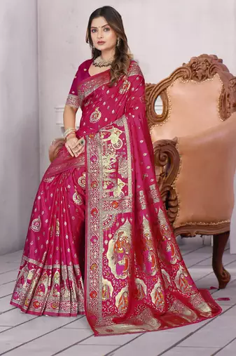  Rani Pink Banarasi Satin silk blend Saree with Heavy Zari & Thread Work | Wedding & Festive Wear