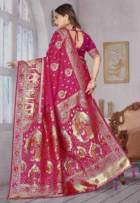  Rani Pink Banarasi Satin silk blend Saree with Heavy Zari & Thread Work | Wedding & Festive Wear 5